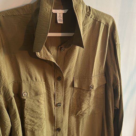 Olive Green Krinkle Oversized Button Down - Picture 2 of 5